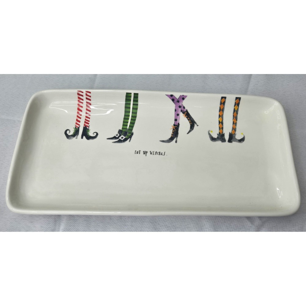 Rae Dunn Halloween Platter Eat Up Witches Legs Ceramic Serving Tray Magenta 14"